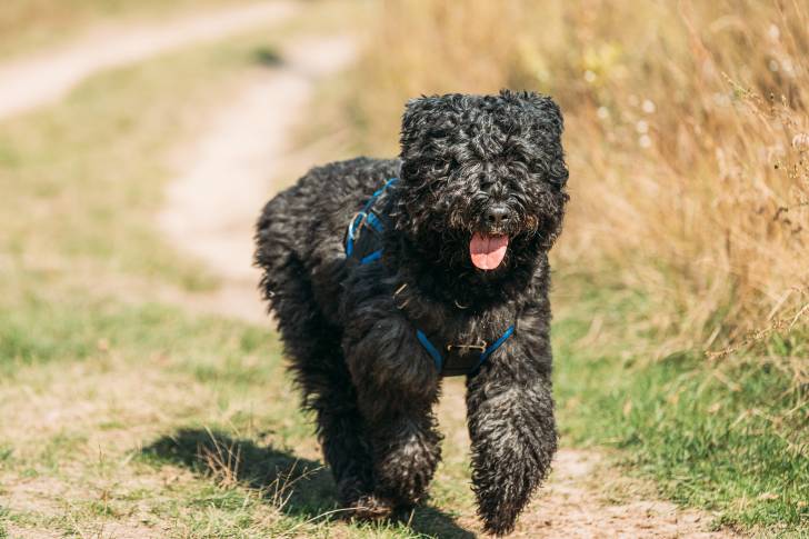 Un Bouvier des Flandres court dans un champ