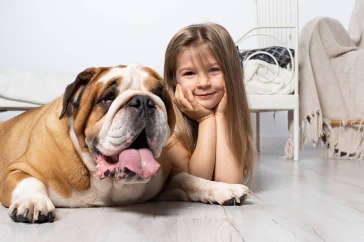 Une petite fille et son Bouledogue Anglais allongés sur le sol