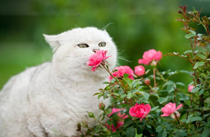 Un beau British Shorthair blanc renifle des roses