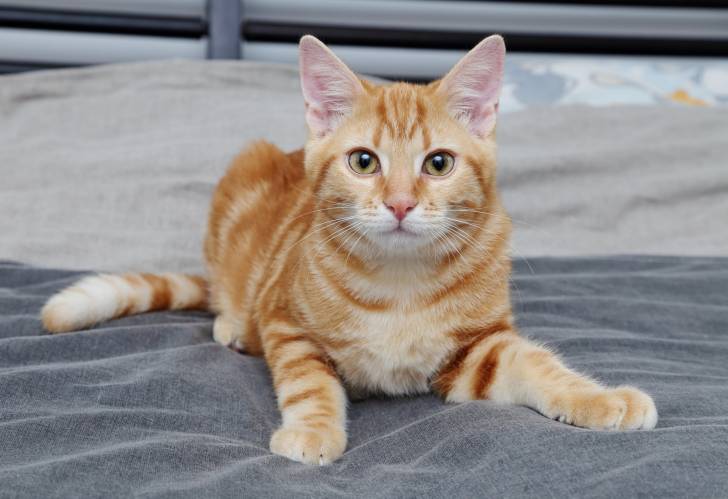 Un chat Européen red tabby allongé sur le sol