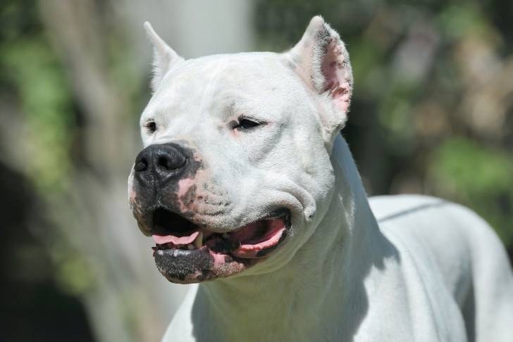 Un Dogue Argentin vu de face avec les oreilles taillées
