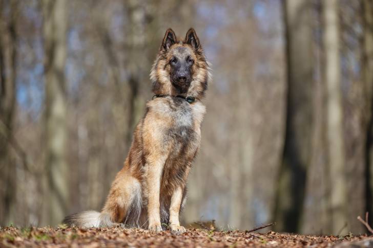 Un Berger Belge Tervueren assis dans un bois
