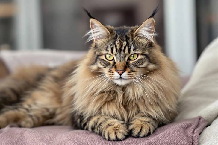 Un Maine Coon allongé sur un lit