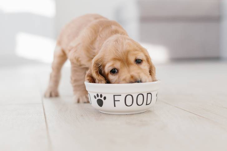 Un chiot Cocker Anglais en train de manger dans sa gamelle