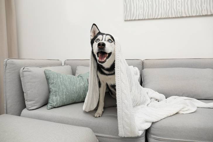 Un Husky Sibérien assis sur un canapé gris avec un plaid sur la tête