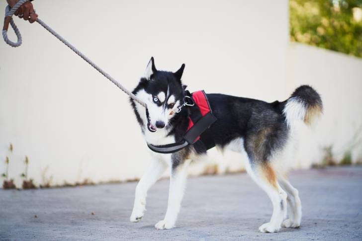 Un Husky Sibérien en train de tirer sur sa laisse