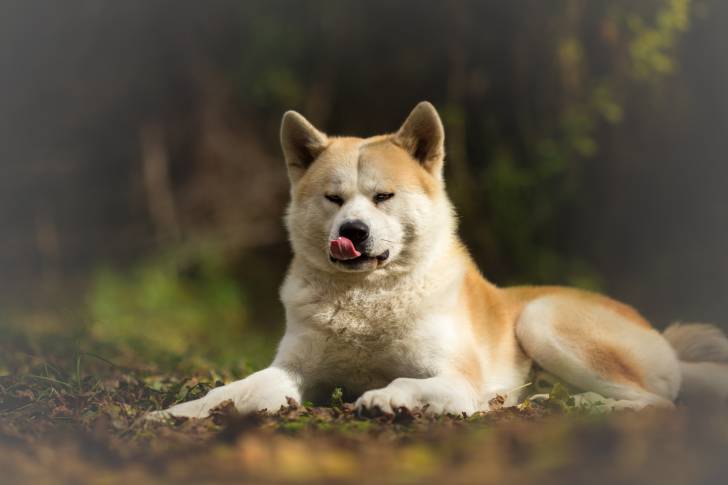 Un Akita Inu en train de se lécher les babines alors qu'il est allongé dans un parc