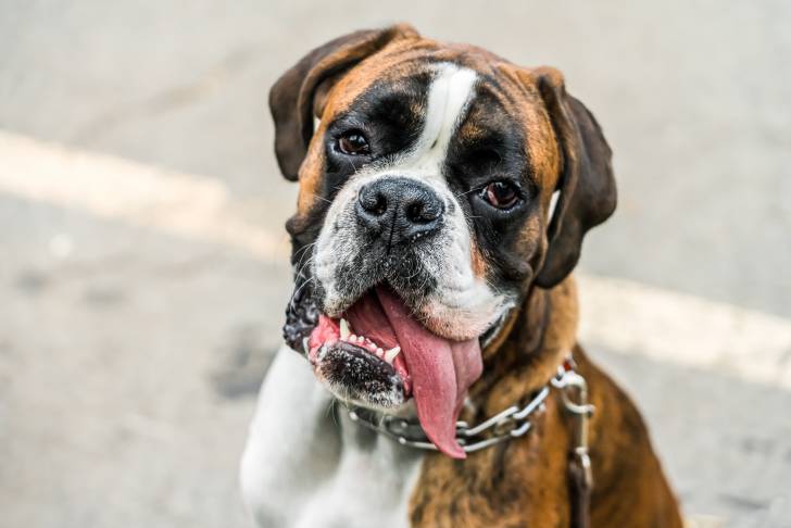 La tête d'un Boxer avec la langue pendue