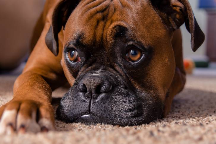 Un Boxer allongé sur un tapis à l'intérieur de son domicile