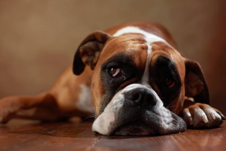 Un Boxer allongé sur du parquet