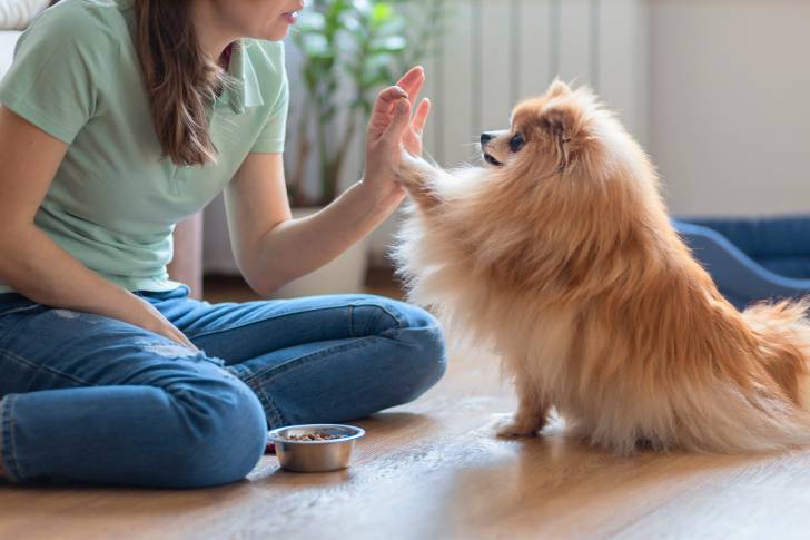 Un Loulou de Poméranie en train de donner la patte à sa propriétaire