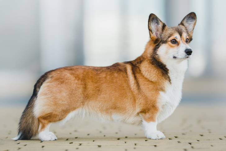 Profil d'un Welsh Corgi Pembroke sur un sol pavé 