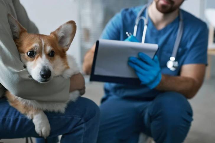 Un Welsh Corgi Pembroke tenu dans les bras d'une personne et semblant être pris en charge par le vétérinaire