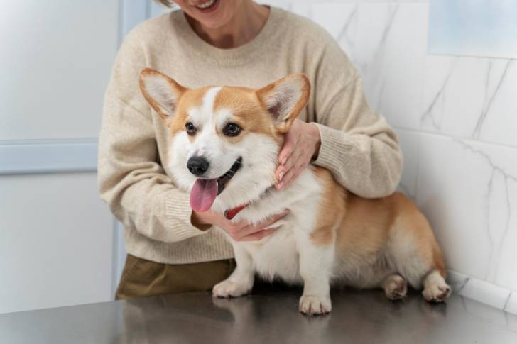 Un Welsh Corgi Pembroke assis sur une table et se faisant caresser les poils