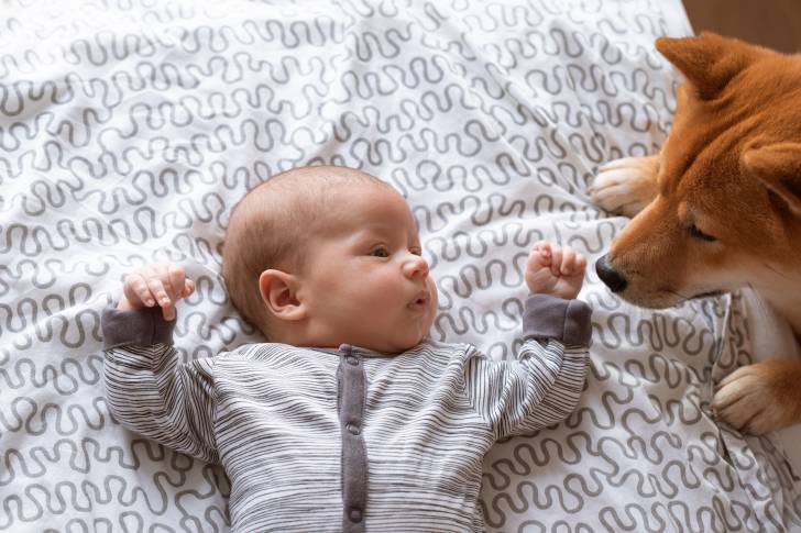 Un Shiba Inu qui observe un enfant en bas âge
