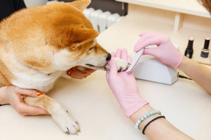 Un Shiba Inu en train de se faire limer les griffes