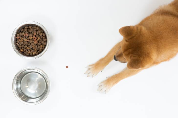 Un Shiba Inu devant sa gamelle de croquettes