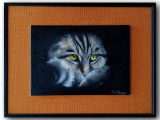 "CHAT AUX AGUETS" Huile sur carton entoilé encadrée sur tissu 32x42 cm. Disponible