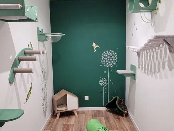 Les chambres pour chats Prestige, font environ 6m². Il est possible d'avoir un accès à un enclos extérieur privatif 1 à 2 heures par jour. ? A l'intérieur, vous retrouverez des parcours d'escalade sur les murs, différentes cachettes, couchages et arbre à chat. ? Chaque chambre bénéficie d'un thème différent, ainsi votre compagnon pourra se retrouver en pleine savane, dans un aquarium, ou encore admirer une magnifique pleine lune et son ciel étoilé.   Dans les chambres, nous mettons à disposition de vos matous : fontaine à eau, gamelles, litière, bac à litière, griffoirs, jeux et de nombreux endroits douillets pour de grosses siestes interminables.
